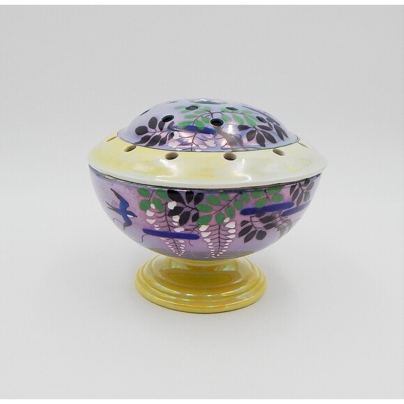 Lusterware Flower Frog Rim Domed Hand Painted Japan Birds Leaves Purple Green - Picture 1 of 16